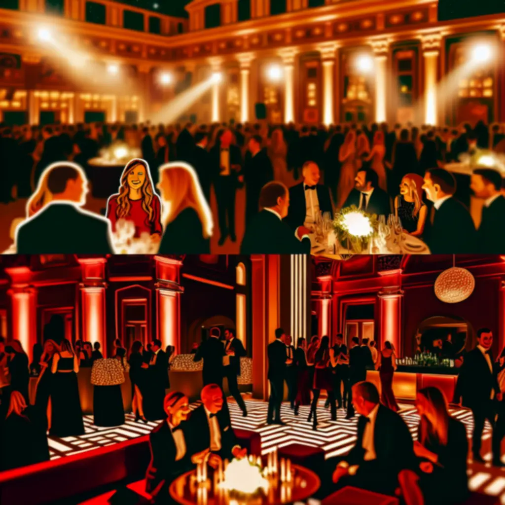 Elegáns, hangulatos eseményterem társasági vendégekkel és fényekkel.