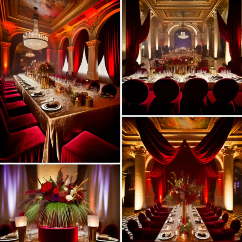 Stílusos dekoráció fényekkel és terítékkel egy luxus privát eseményen.