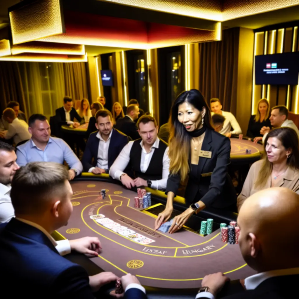 Céges póker esemény elegáns irodai környezetben, üzleti ruhában játszó résztvevőkkel.
