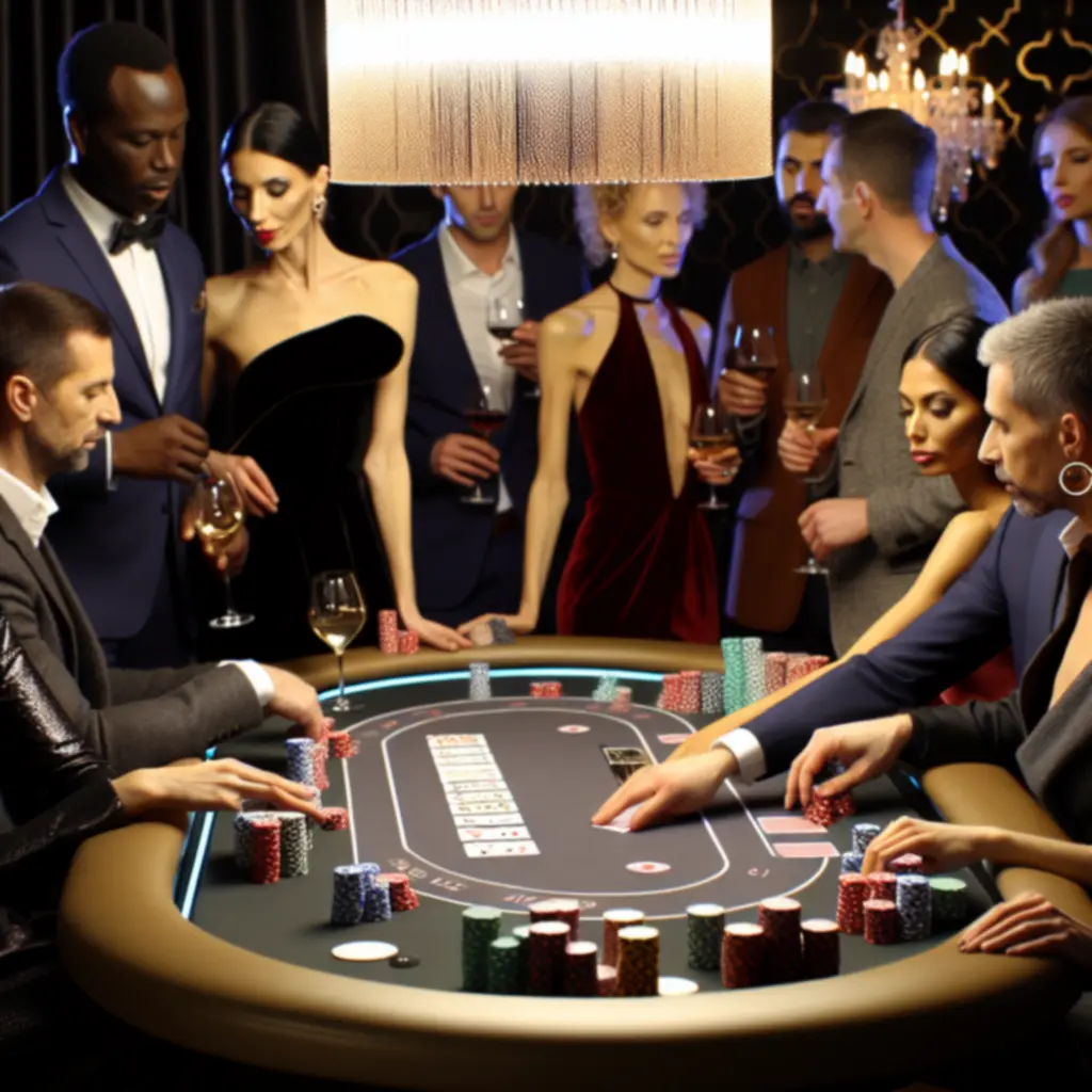 Pókerasztal elegáns, tematikus esten, zsetonokkal és kártyákkal.