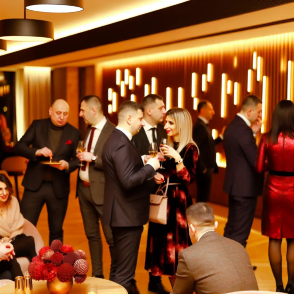 Elegáns privát rendezvény, hangulatos fényekkel és mosolygó vendégekkel.