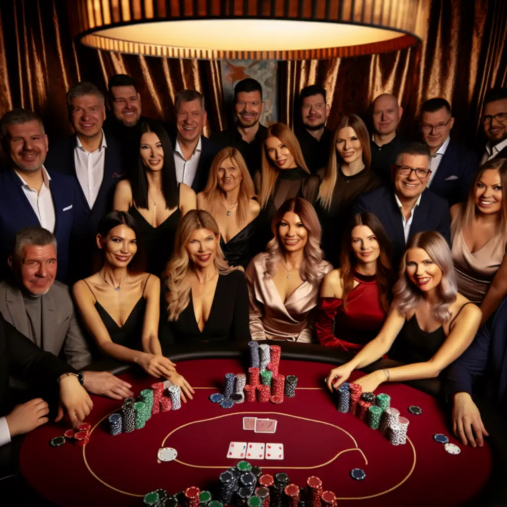 Privát póker est, elegáns asztalnál játszó vendégekkel és kaszinó hangulattal.